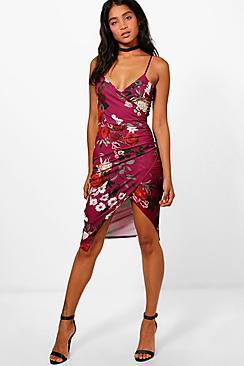 Boohoo Hannah Floral Strappy Wrap Midi Dress