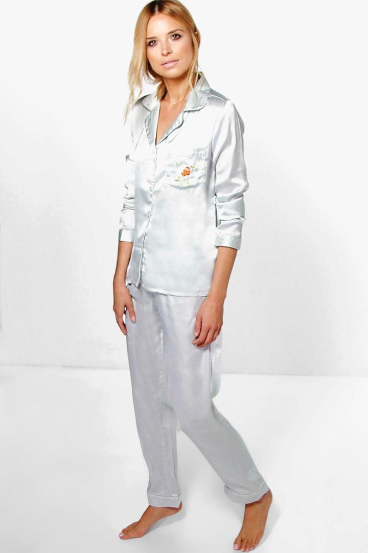 Boohoo Eve Boutique Embroidered Satin Shirt And Trouser Set Grey