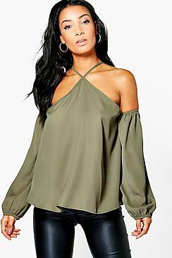 Boohoo April Woven Tie Neck Cold Shoulder Top