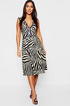 Boohoo Zebra Print Plunge Neck Skater Dress