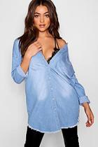 Boohoo Fray Hem Longline Denim Shirt