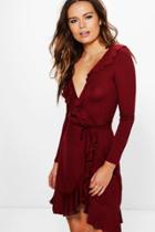 Boohoo Fran Ruffle Tie Wrap Tea Dress Berry