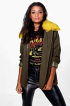 Boohoo Rose Zip Through Parka With Oversize Faux Fur Collar Khaki