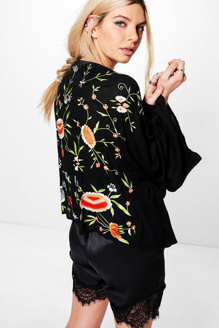 Boohoo Poppy Boutique Full Back Embroidered Kimono Black