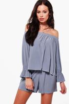 Boohoo Tanya Off Shoulder Top & Shorts Co-ord Set Grey
