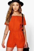 Boohoo Lola Off The Shoulder Woven Playsuit Rust
