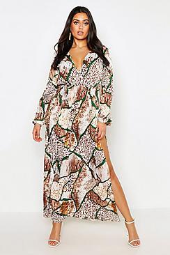 Boohoo Plus Mixed Animal Print Extreme Split Maxi Dress