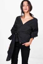 Boohoo Laura Woven Ruched Sleeve Wrap Front Blouse Black