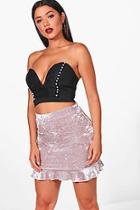 Boohoo Sonia Ruffle Hem Crushed Velvet Mini Skirt