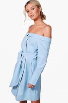 Boohoo Evie Off The Shoulder Tie Front Shirt Dress