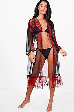 Boohoo Imogen Embroidered Tassel Beach Kimono