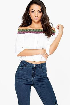 Boohoo Tall Mabelle Off The Shoulder Woven Trim Top