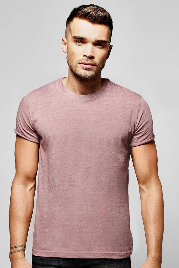 Boohoo Crew Neck T-shirt With Rolled Sleeve Brown