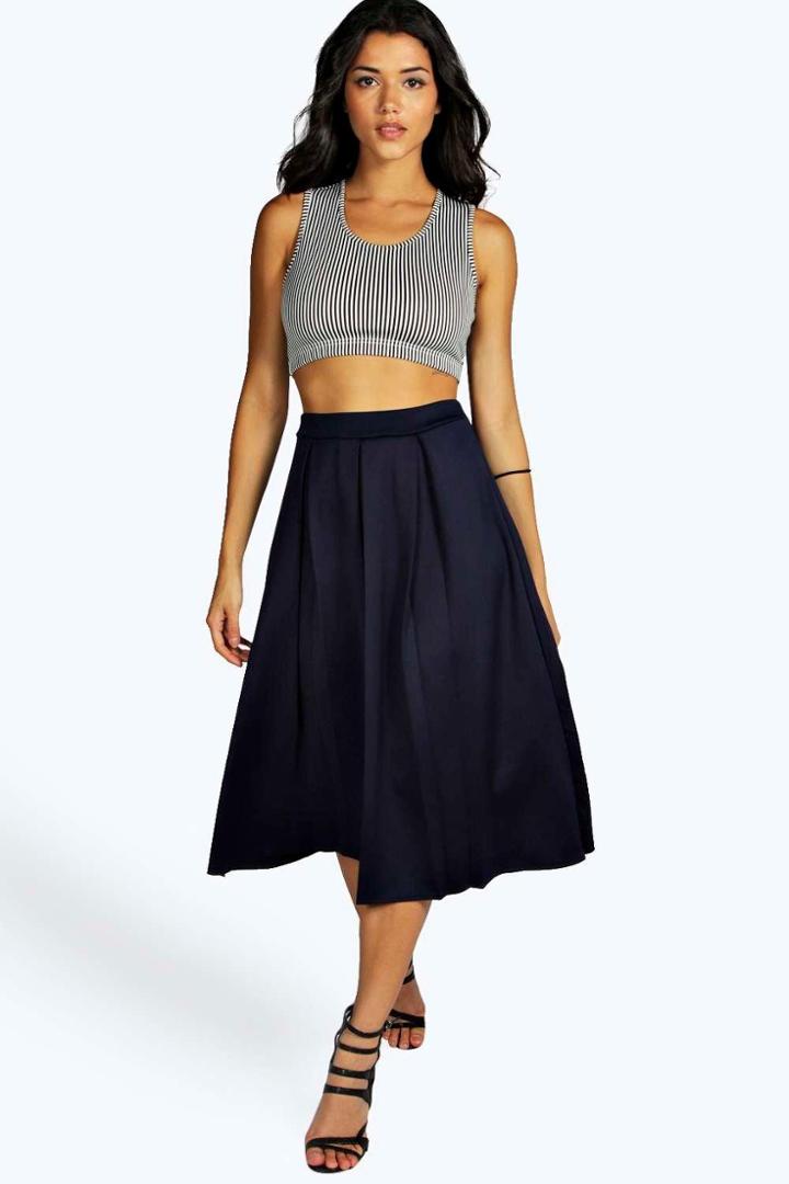 Boohoo Beau Box Pleat Midi Skirt Navy