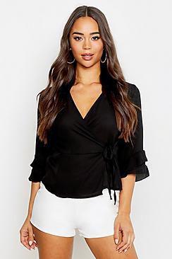 Boohoo Ruffle Sleeve Hammered Satin Wrap Top