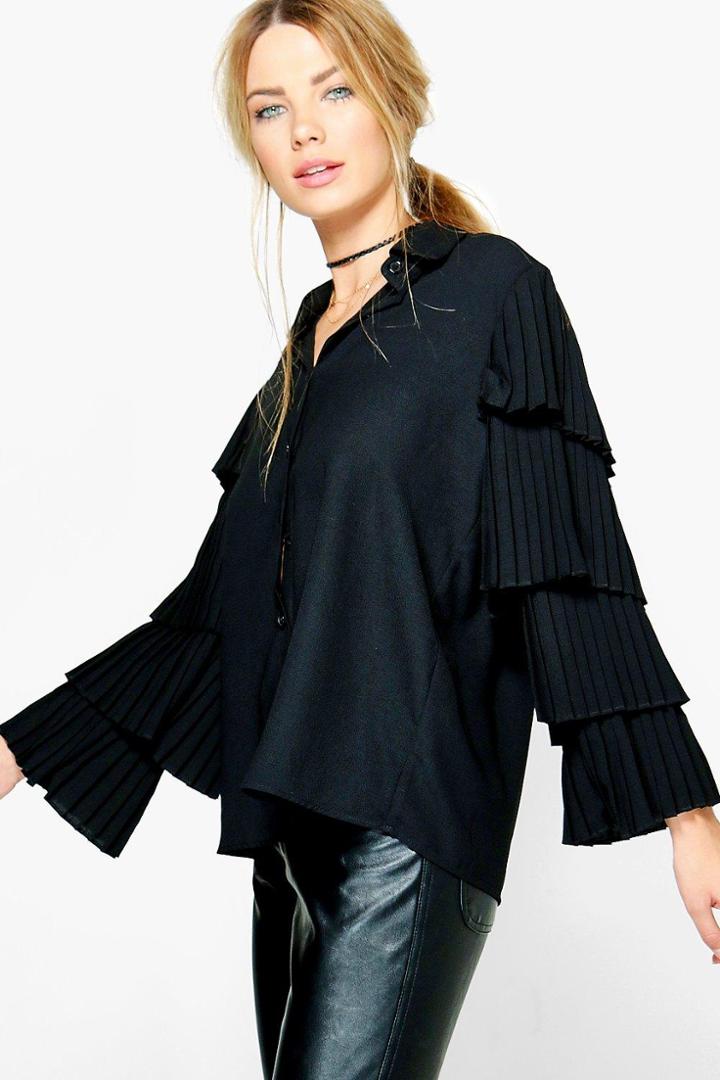 Boohoo Alisha Ruffle Tiered Sleeve Shirt Black
