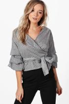 Boohoo Eva Ruffle Sleeve Wrap Gingham Shirt Black