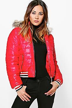 Boohoo Eve Crop Faux Fur Hood Bubble Coat