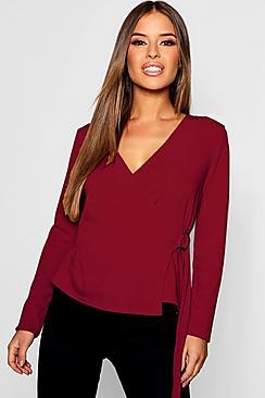 Boohoo Petite O Ring Detail Rib Wrap Top