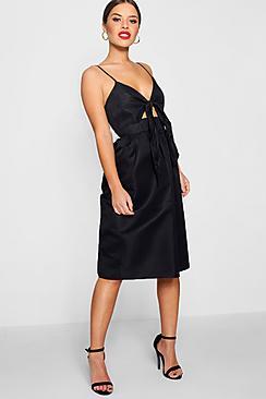 Boohoo Petite Hayley Woven Knot Front Midi Skater Dress