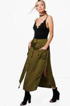 Boohoo Auretta Pocket Side Satin Woven Maxi Skirt Khaki