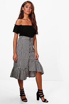 Boohoo Daisy Ruffle Front Gingham Midi Skirt
