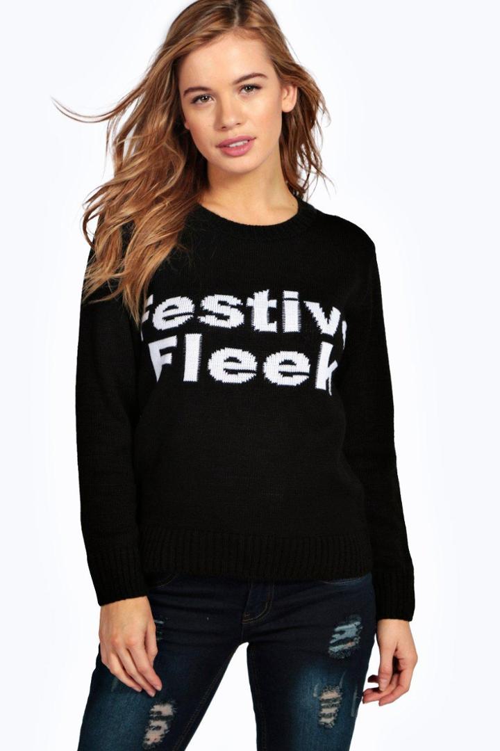 Boohoo Petite Lara Festive Fleek Slogan Christmas Jumper Black