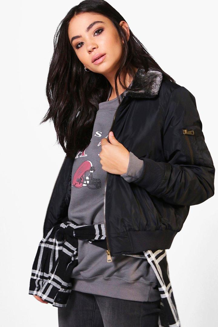 Boohoo Nicole Bomber With Faux Fur Collar Black