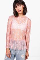 Boohoo Lily Lace Long Sleeve Top With Ruffle Neck Pink