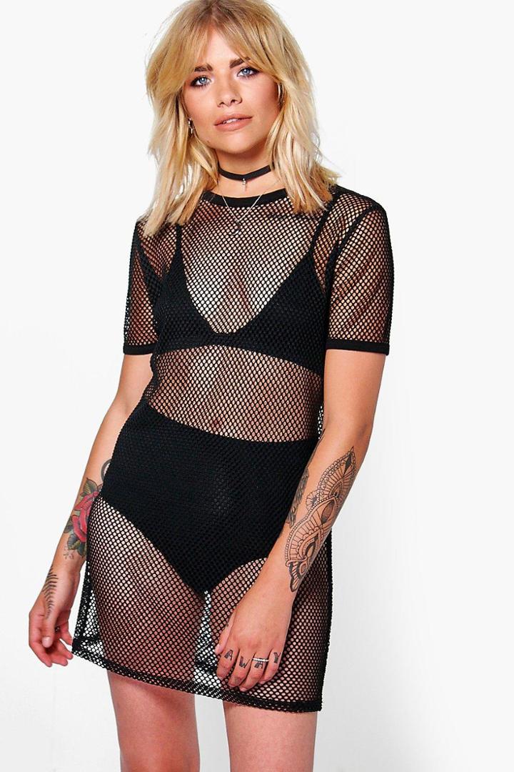 Boohoo Sophia Mesh Short Sleeve Shift Dress Black