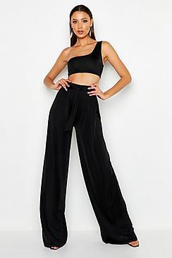 Boohoo Tall Slinky Belted Wide Leg Trouser
