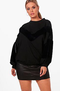 Boohoo Plus Fiona Faux Fur Trim Sweat Top