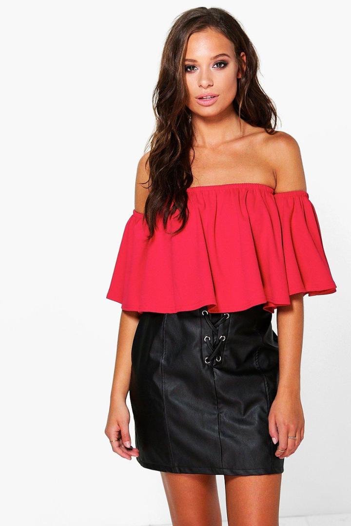 Boohoo Lacey Flared Sleeve Bardot Top Red