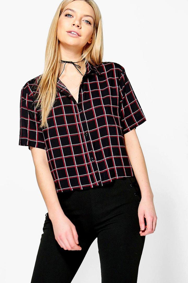 Boohoo Ellie Check Boxy Short Sleeve Shirt Black
