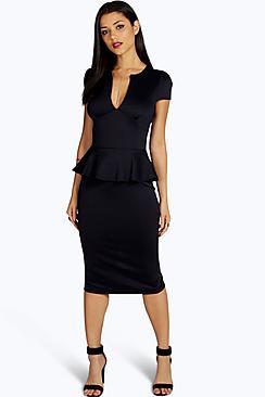 Boohoo Emily Slit Neck Cap Sleeve Peplum Midi Dress