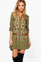 Boohoo Boutique Leonie Frill Embroidered Shirt Dress Khaki