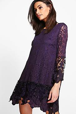 Boohoo Maddie Flower Lace Long Sleeve Smock Dress