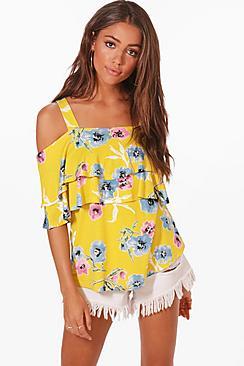 Boohoo Laura Floral Ruffle Cold Shoulder Top