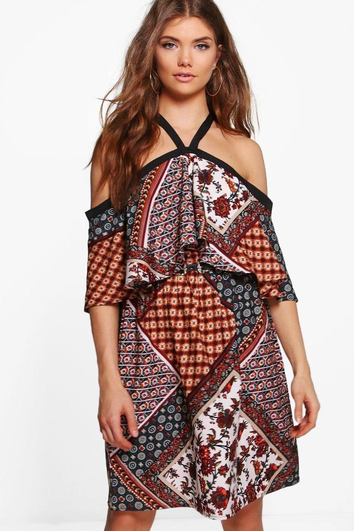 Boohoo Tall Amy Cold Shoulder Paisley Dress Multi