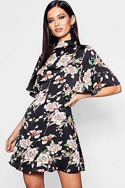 Boohoo Mia Floral High Neck Skater Dress