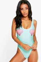 Boohoo Doha Shell Placement Scoop Back Bathing Suit Green