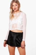 Boohoo Petite Lydia Lace And Mesh Crop Blouse White
