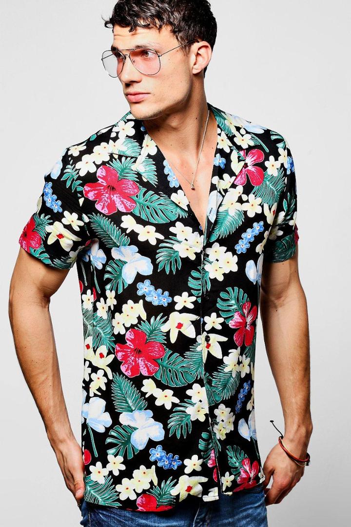 Boohoo Black Floral Print Short Sleeve Revere Shirt Black