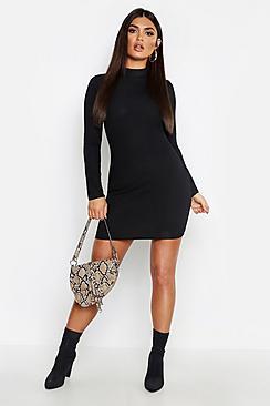 Boohoo High Neck Long Sleeve Ribbed Mini Dress