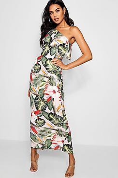 Boohoo Ruffle Asymmetric Palm Print Maxi Dress