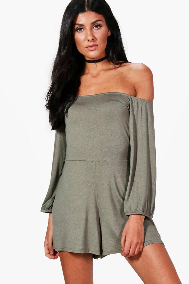 Boohoo Jessica Off Shoulder Playsuit Khaki