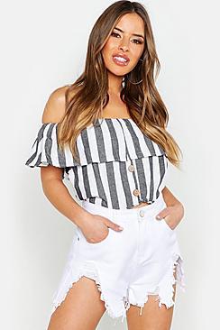 Boohoo Petite Off The Shoulder Stripe Top