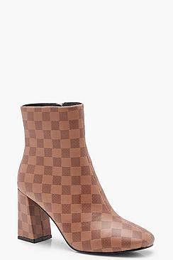 Boohoo Contrast Check Zip Back Flare Heel Shoe Boots