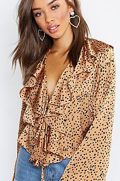 Boohoo Satin Printed Ruffle Front Blouse