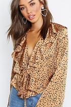 Boohoo Satin Printed Ruffle Front Blouse